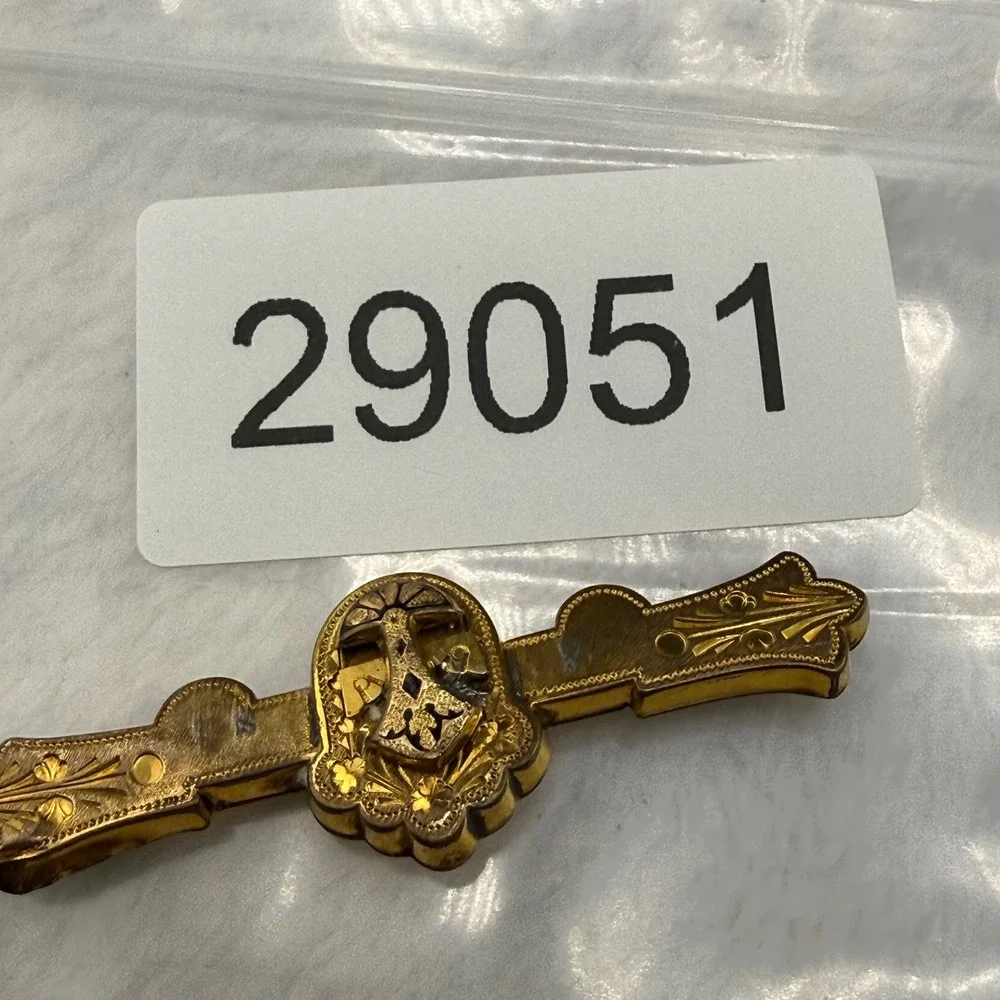 Vintage Victorian Bar Brooch Gold Tone Heraldic Crest Etched